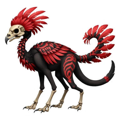 Rare realistic dark edgy evil tribal patterned red-feathered skeletal badass epic handsome gorgeous aesthetic black-skulled Vernid-Trico-species-Fakemon-creature by LiLaiRa, 4 legs, 1 tail, random markings, (full body) sticker