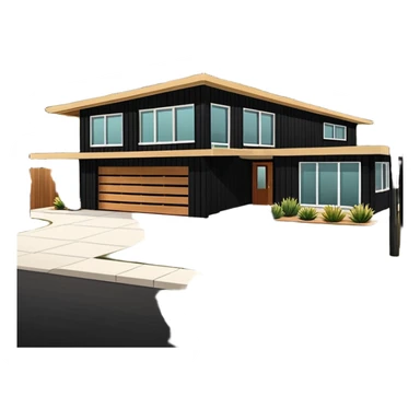 midcentury modern house with 1000 sqft and all windows and a sliding windows on corner. Single story. High ceilings, black and vertical wood slats for outside walls of home. Wood deck with complementary but different wood and shade from larger wood slats. With overhanging shade and slats. sticker