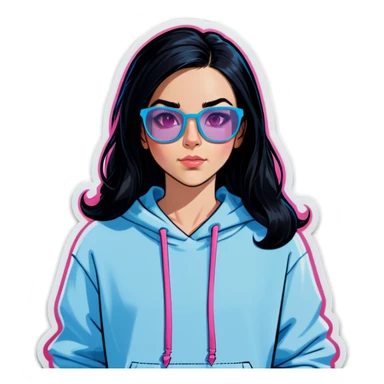 a white girlwith black hairdown with pink transparent glasses wearing a light blue hoodie sticker