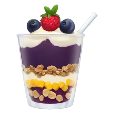 Açaí in a clear cup with layers of fruits and granola and condensed milk sticker