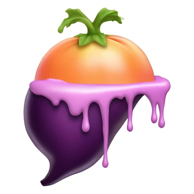 Eggplant dripping frosting, wedged in a peach sticker