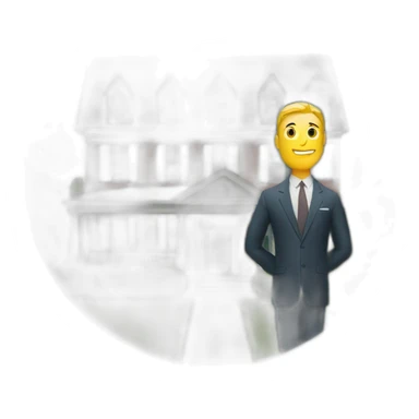 man in suit in front of house sticker