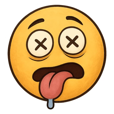 yellow face with crossed eyes, tongue out, drooling, drunk expression, remove background sticker