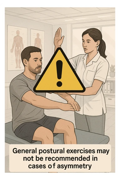 vertical editorial-style medical illustration of physiotherapist guiding man through postural exercise, large yellow warning triangle with exclamation mark superimposed over scene, caption reading 'General postural exercises may not be recommended in cases of asymmetry', clean modern clinic background with anatomical charts, bright lighting, professional educational atmosphere sticker