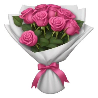 Dark pink bouquet of roses wrapped in white wrapping paper with pink bow sticker