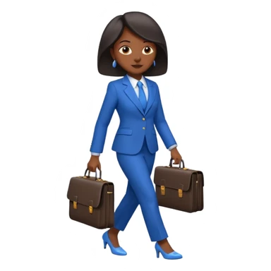black woman in a blue smart suit and shoes, walking, briefcase in hand, emoji style sticker