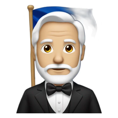 man with brown eyes, white hair and beard, dressed in black tuxedo carrying an armenian flag sticker