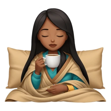 Chocolate brown girl with long straight jet black hair wrapped inside a tan blanket sipping coffee eyes closed sticker