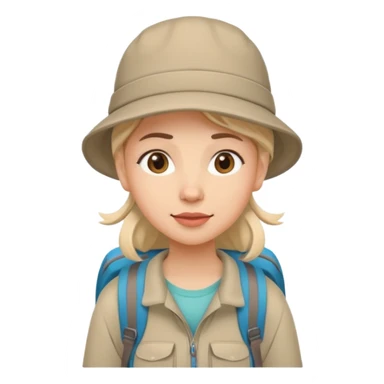 emoticon of a lady hiking, simple expressive face, minimal lines sticker