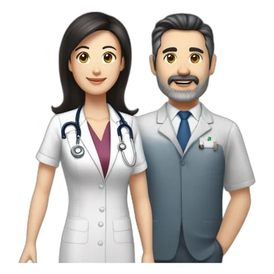 husband middle aged executive classic dark hair thin beard wearing business suit, with wife asian age 55 dark hair wearing nurse uniform sticker