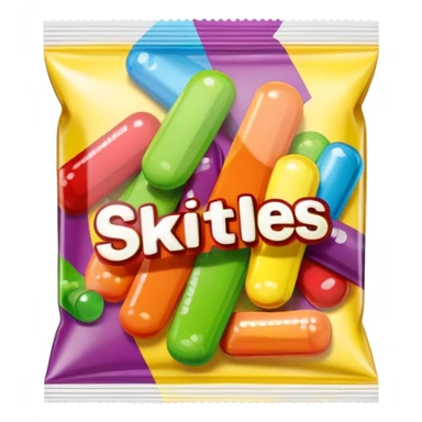 A Skittles candy package with multiple pieces of transparent tape holding it closed, rainbow colored packaging, minimalist style sticker