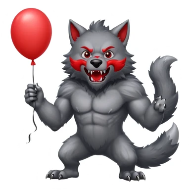A gray werewolf with a giant red balloon sticker