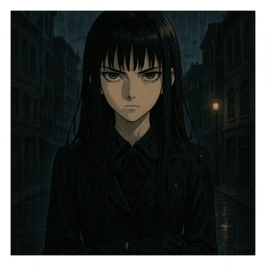 ultra-detailed anime girl with long straight black hair, sharp bangs, pale skin, amber green eyes, cold intense gaze, standing in the rain, cinematic lighting, wet dark school uniform, gloves, noir urban background, moody anime style, gothic shoujo, dramatic shadows sticker