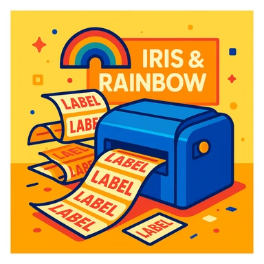 A printer printing a lot of labels, with a background logo that says 'Iris & Rainbow', vibrant and clear composition, colorful, modern, playful, bright, clean, professional look sticker