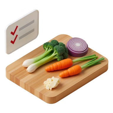 Ingredients on teh wooden cutting board with floating list with check box sticker