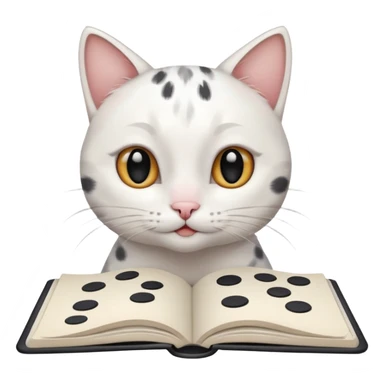 gatita blanca con manchas grandes negras en los ojos feliz en viendo una libreta con anillado sticker