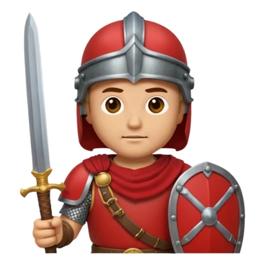 An emoji portrait of a Roman legionary soldier. He wears a helmet and a red tunic. His expression is stern and focused. He holds a short sword. sticker