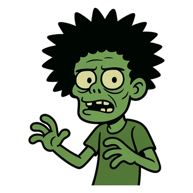 green zombie with black spiky afro hair, cartoon style sticker