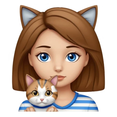 Haz un emoji de una chica con piel clara, ojos marrones, cabello castaño, rizado, cargando a un gato blanco con rayas negras y grises con ojos azules  sticker