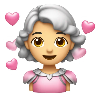 emoji sonrojado con corazones flotantes de color rosado y gris flechados y un arito de ángel en la cabeza  sticker