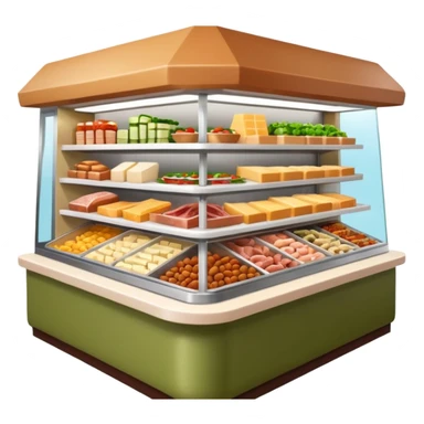 A 3D cartoon deli counter filled with meats, cheeses, and salads, bright lighting, Memoji-style realism. sticker