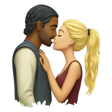 blonde woman with indian man that has a man bun romantic kiss under tree sticker