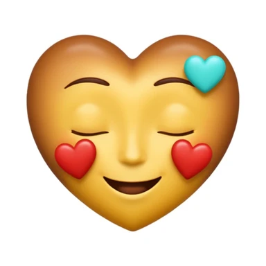 Sweet, happy Apple-style emoji: closed eyes, gentle smile, yellow with gradient, flat cyan background, one red heart at top right, two chocolate pieces replacing other hearts, shiny, realistic, rounded, clean, digital, smooth sticker