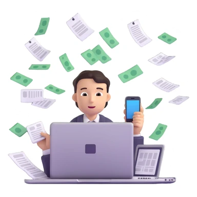 person holding a phone in one hand, laptop open in front, storm of receipts, invoices, and reminders swirling around, multitasking chaos sticker