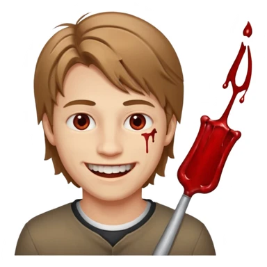 парень с русыми волосами средней длины; белая кожа; белые глаза; открытая улыбка, где на зубах кровь;  sticker