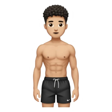 Ripped, athletic man with thick neck, high top fade with no part, curly hair only top only, no shirt and show waistline up, white male, black shorts and more man face sticker