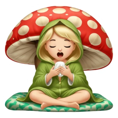 woodland spirit girl in mushroom pajama and oversized blanket yawning sticker