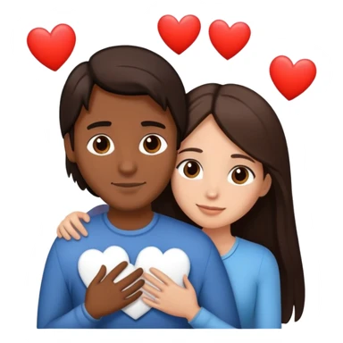 A couple hugging. The man has medium brown skin, dark brown slightly long straight hair. The woman has fair skin, long dark brown hair. White hearts around them. sticker