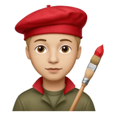 man artist with red beret and painter sticker