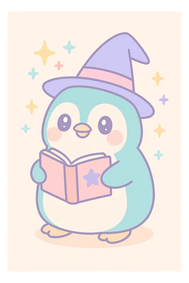 a chubby penguin with a wizard hat, magical sparkles around, and a book of spells sticker