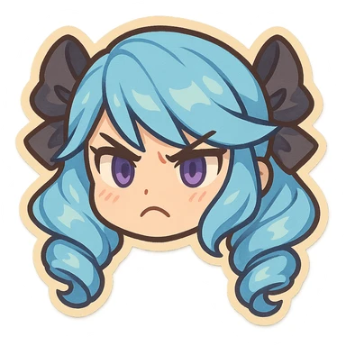 Gwen from League of Legends, chibi style, just the head, right eye purple, angry expression sticker