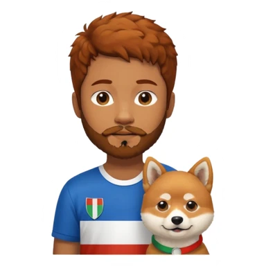 Italy flag shirt boy with beard brown reddish curly hair next to Shiba Inu sticker