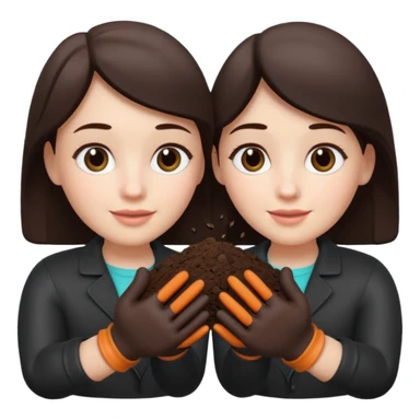 A 3D cartoon pair of gloved hands holding rich dark soil, small bits falling between fingers, bright garden background, soft light, Memoji-style realism. sticker