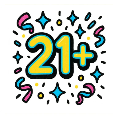 neon-style '21+' sign with confetti and sparkles, pop colors style sticker