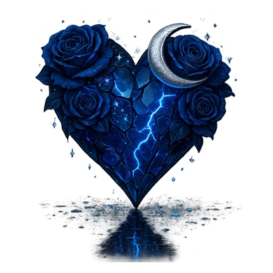 gothic heart formed from splintered deep blue glass, embellished with a silver crescent moon, midnight blue roses, sparkling holographic stardust, neon lightning, wet reflective surface sticker