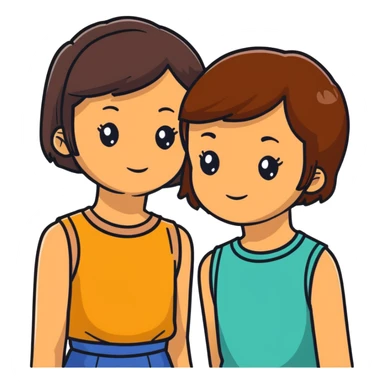 dos chicas, una con pelo corto desmechado en capas hasta la barbilla, castaña, piel morena; la otra con pelo lacio hasta el hombro, castaña, piel morena sticker