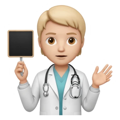 3D memoji doctor holding a small blank white sign in one hand (no text on sign), serious warning facial expression, medical coat, stethoscope, centered composition, PNG, transparent background sticker