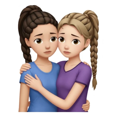 Comforting Hug two white skin women, one shorter woman with medium brown simple top ponytail, not braided, and one taller skinny sad face woman with a single long black side braid sticker