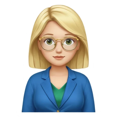 pregnant blonde 18-year old with golden glasses in a bright blue dress and a dark green jacket on top of the blue dress sticker