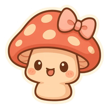 chibi sticker-style mushroom with a bow, cute and exaggerated sticker