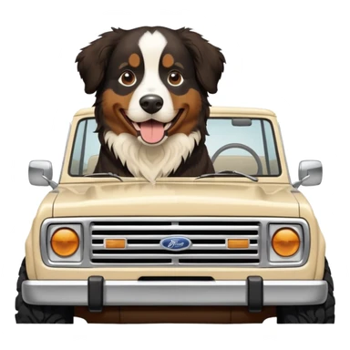 Bernese mountain dog in a cream colored ford bronco with no roof sticker