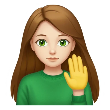please create an emoji of a semi pale girl with long brown hair, green eyes, wearing a yellow sweater sticker