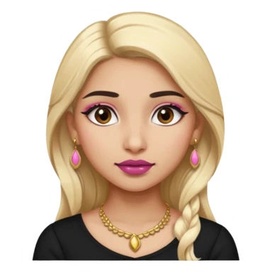 Sweet Indian girl blond long hair darkbrow  eyes brown/pink lipstick blush, black top gold earrings brown eyebrows  sticker