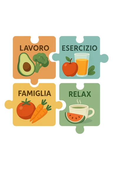 Puzzle (Lavoro, Esercizio, Famiglia, Relax), and healthy foods are integrated into each piece. in italiano sticker