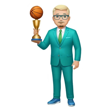 Full Body white fat male  wearing glasses with a goatee with light blonde gray very short hair basketball head Coach in blue and green suit holding trophy sticker