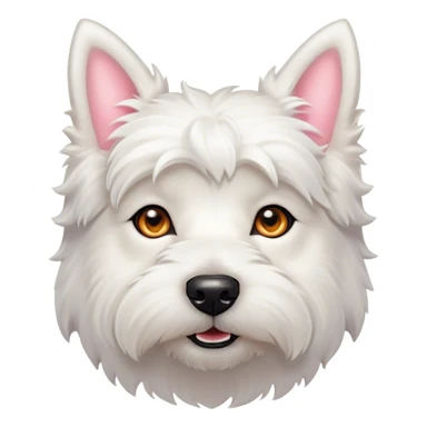 Cinematic Cute West Highland White Terrier Portrait Emoji, Head tilted playfully and inquisitively, featuring a fluffy, immaculate white coat with perky ears, round, sparkling dark eyes filled with curiosity, Simplified yet irresistibly adorable features, highly detailed, glowing with a warm, friendly glow, high shine, affectionate and lively, stylized with a touch of whimsy, bright and endearing, soft glowing outline, capturing the essence of a mischievous yet loving pup, so playful it feels like it could bound out of the screen and into your arms! sticker